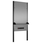 A metal pegboard workstation with a built-in shelf and power strip, designed for tool organization. The unit has a perforated back panel, sturdy black legs, and a grey lower section. The workstation is freestanding with a minimal design.