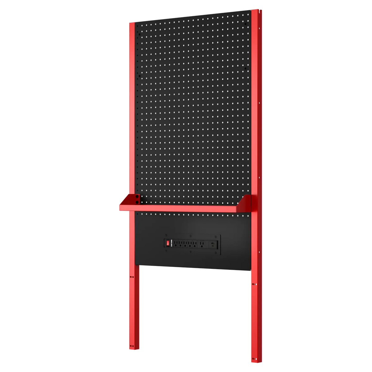 A CRAFTSMAN branded black and red pegboard unit featuring a perforated panel for tool storage, a built-in shelf, and an integrated power strip at the bottom. The unit is designed for workspace or garage organization.