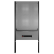 A vertical metal pegboard with a black frame, gray panel, and a built-in power strip at the bottom, suitable for organizing tools or accessories.