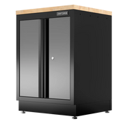 Black metal cabinet with wood top and locking doors, CRAFTSMAN brand, for garage or workshop storage.