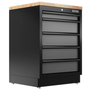 Black CRAFTSMAN metal tool cabinet with five drawers and a wood top, suitable for workshop or garage storage.