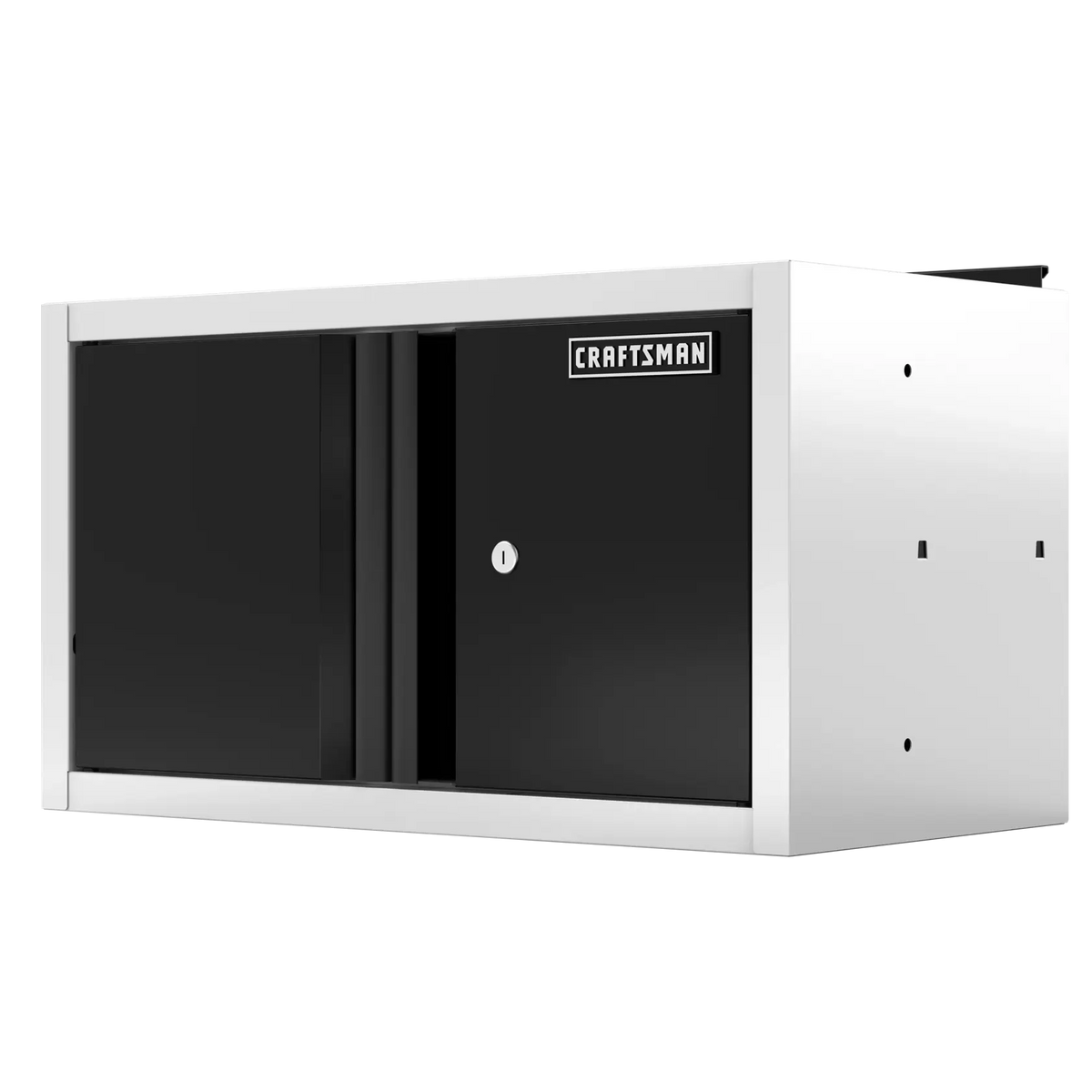 A CRAFTSMAN branded wall-mounted storage cabinet with a black front and silver sides, featuring a lockable door and a rectangular design.