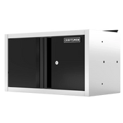 A CRAFTSMAN branded wall-mounted storage cabinet with a black front and silver sides, featuring a lockable door and a rectangular design.