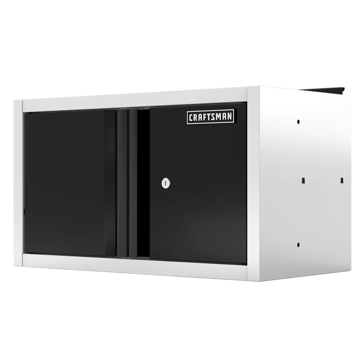 A CRAFTSMAN branded wall-mounted storage cabinet with a black front and silver sides, featuring a lockable door and a rectangular design.