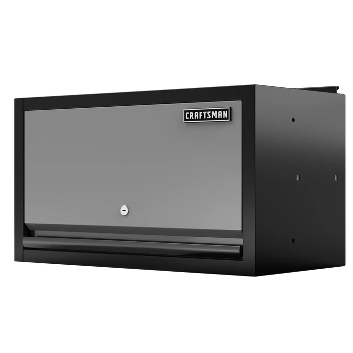 A Craftsman branded wall-mounted garage storage cabinet with a single lockable door, shown in black and gray.