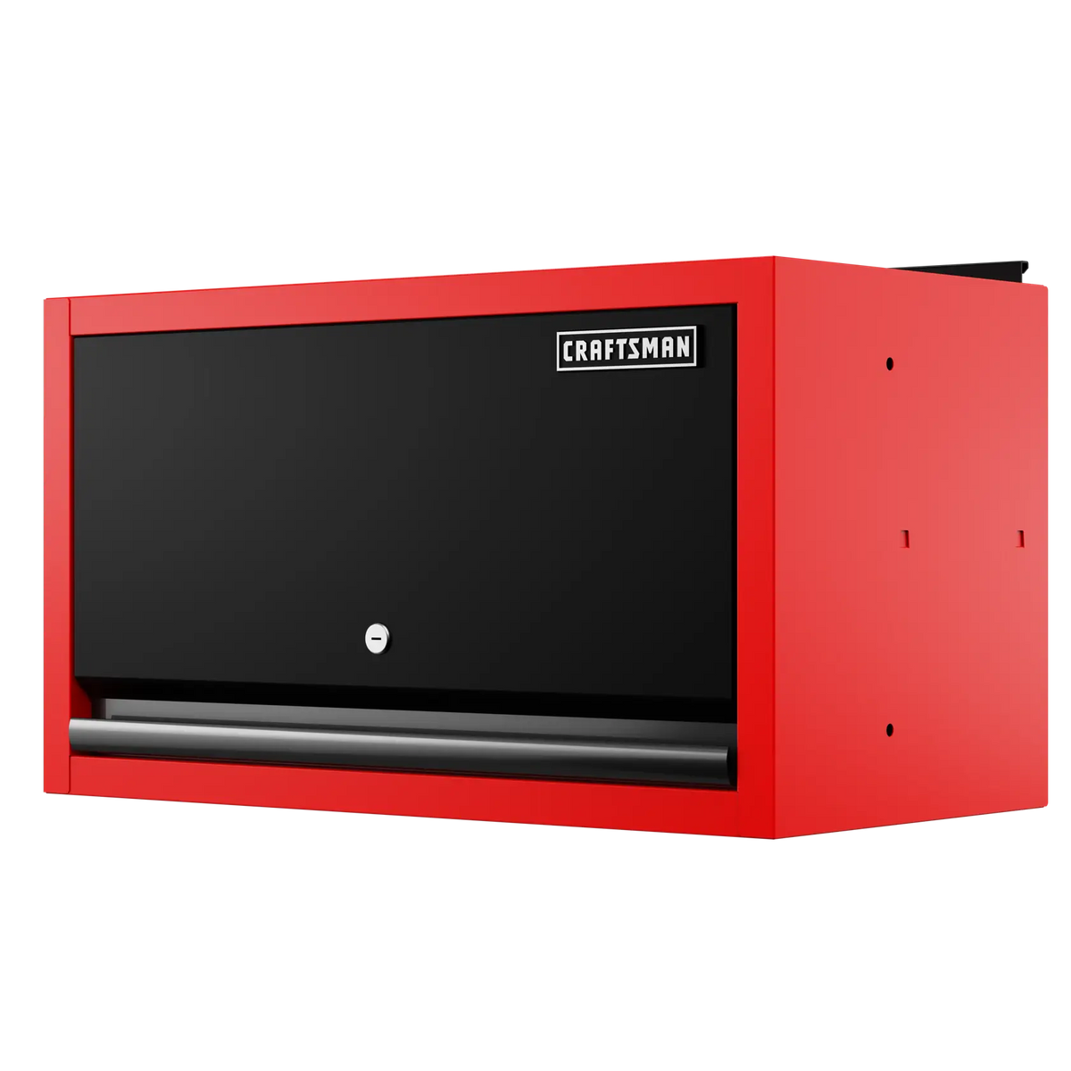 A red and black wall-mounted storage cabinet with a lockable front door and the CRAFTSMAN logo, designed for organizing tools or equipment.
