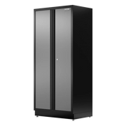 Tall, black metal storage cabinet with two doors and a lock, branded CRAFTSMAN, suitable for garage or workshop organization.