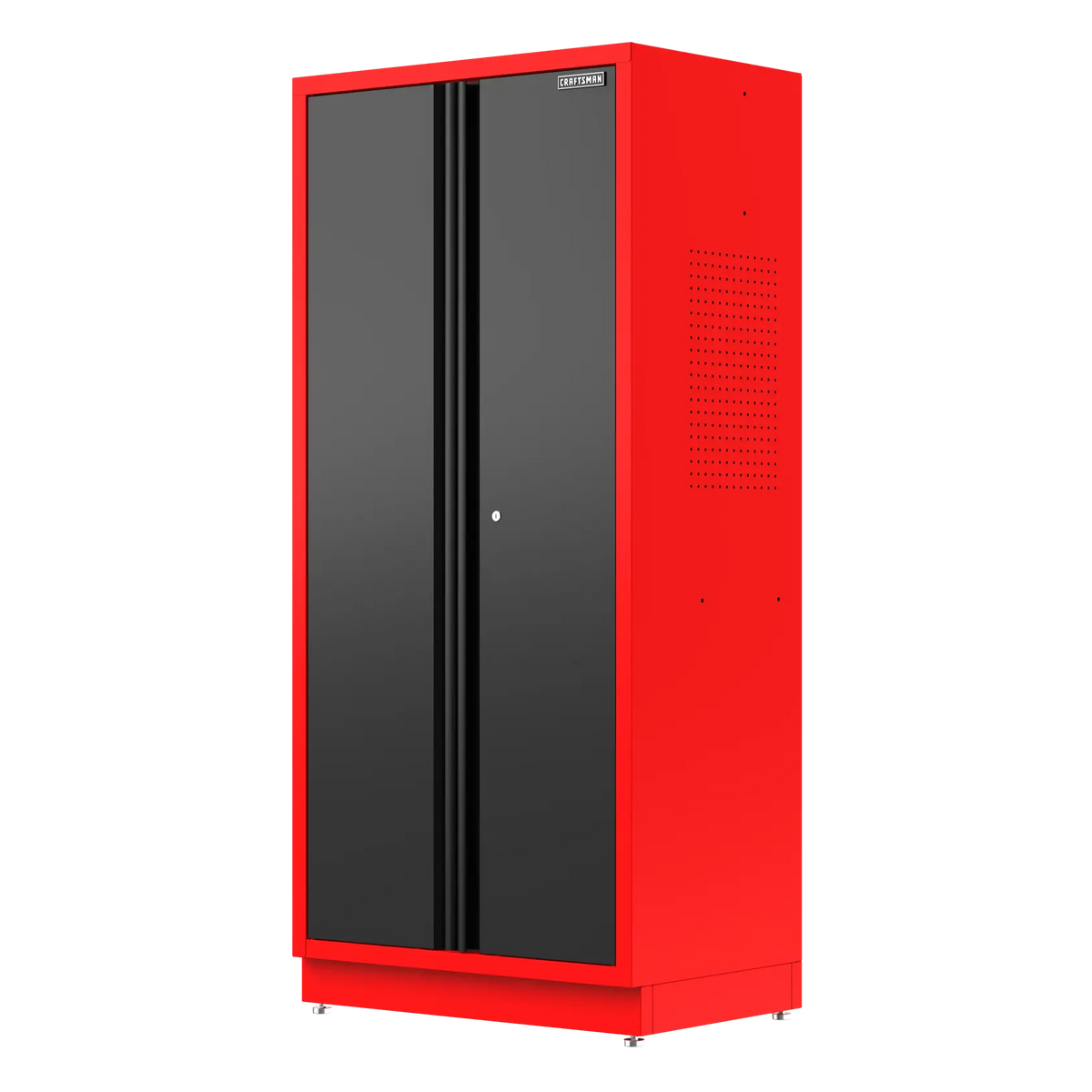 Tall red and black metal storage cabinet with double doors and a lock in the center. The cabinet is branded with a Craftsman logo at the top and has ventilation holes on the side.