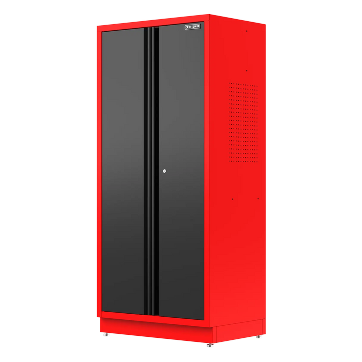 Tall red and black metal storage cabinet with double doors and a lock in the center. The cabinet is branded with a Craftsman logo at the top and has ventilation holes on the side.