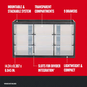 Craftsman graphics CMST40709 front angle photo of 9-drawer mountable storage with transparent compartments.