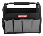 A black and gray tool tote with four front pockets and a padded handle. The tote has a mesh pocket on the side and the brand name 'Craftsman' displayed on a red label on the front.