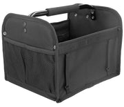A black fabric camera gear organizer box with mesh pockets, sturdy construction, and a padded handle.