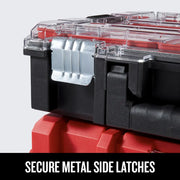 Photo of Craftsman tool box CMST60402 with close-up of secure metal side latch, clear lid, and red and black body.