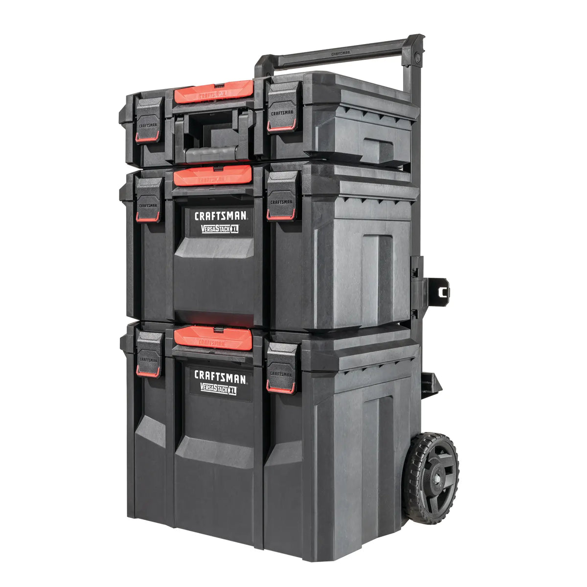 Photo of Craftsman CMST21445 rolling tool box tower with three black and red stackable storage boxes, angled view.
