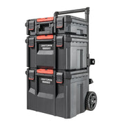 Photo of Craftsman CMST21445 rolling tool box tower with three black and red stackable storage boxes, angled view.