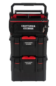 Craftsman CMST60560 black and red modular tool storage stack, front angle, three stacked units.