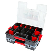Photo of Craftsman organizer box CMST60944M, black and red, open lid with multiple divided compartments, angled view.