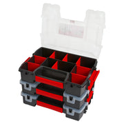 Photo of CRAFTSMAN CMST60964M stackable organizer with three black and red trays, clear lid, open to show multiple compartments.