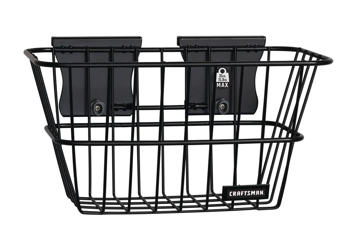 Front angle photo of Craftsman wire storage basket, black, SKU CMST82603VT, with mounting brackets visible.