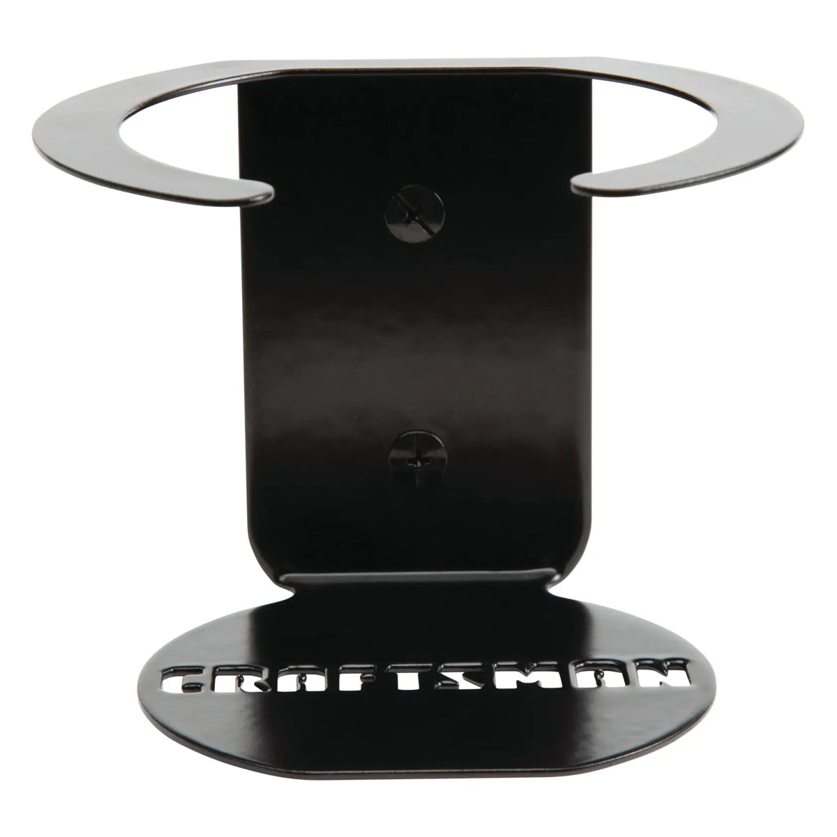 Front-facing photo of Craftsman metal cup holder, SKU CMST82694, with cutout logo on the base, black finish.