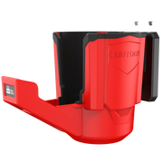 Photo of Craftsman red plastic cup holder, model CMST82823VT, with a black inside and mounting hooks, side angle.