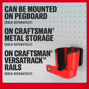 Craftsman CMST82823VT red tool holder mounted on pegboard with text showing compatibility with Craftsman metal storage and VersaTrack rails.