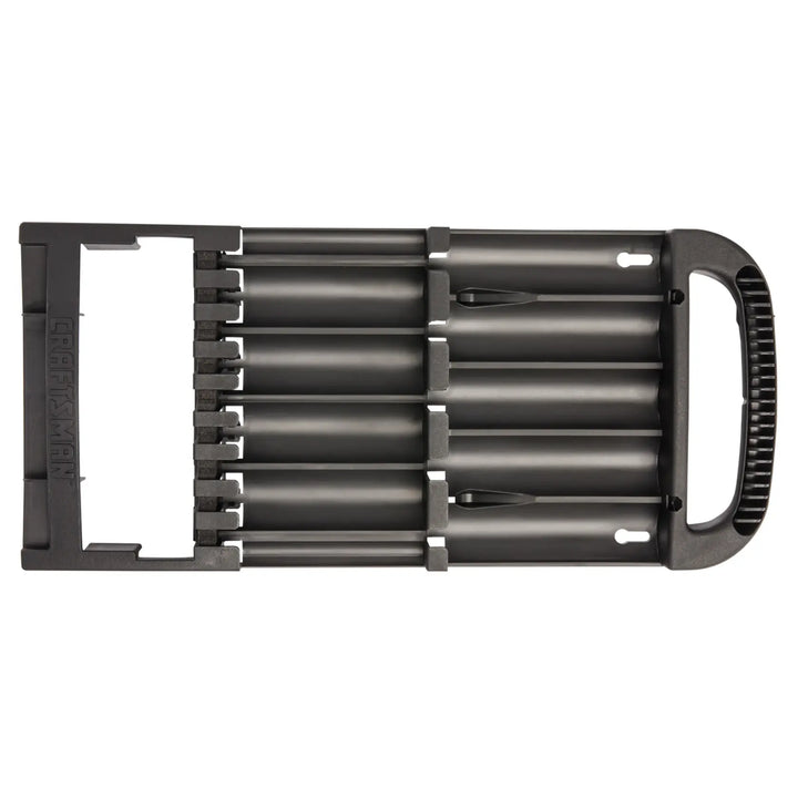 Photo of Craftsman black plastic socket organizer tray CMST82967, top-down view on white background.