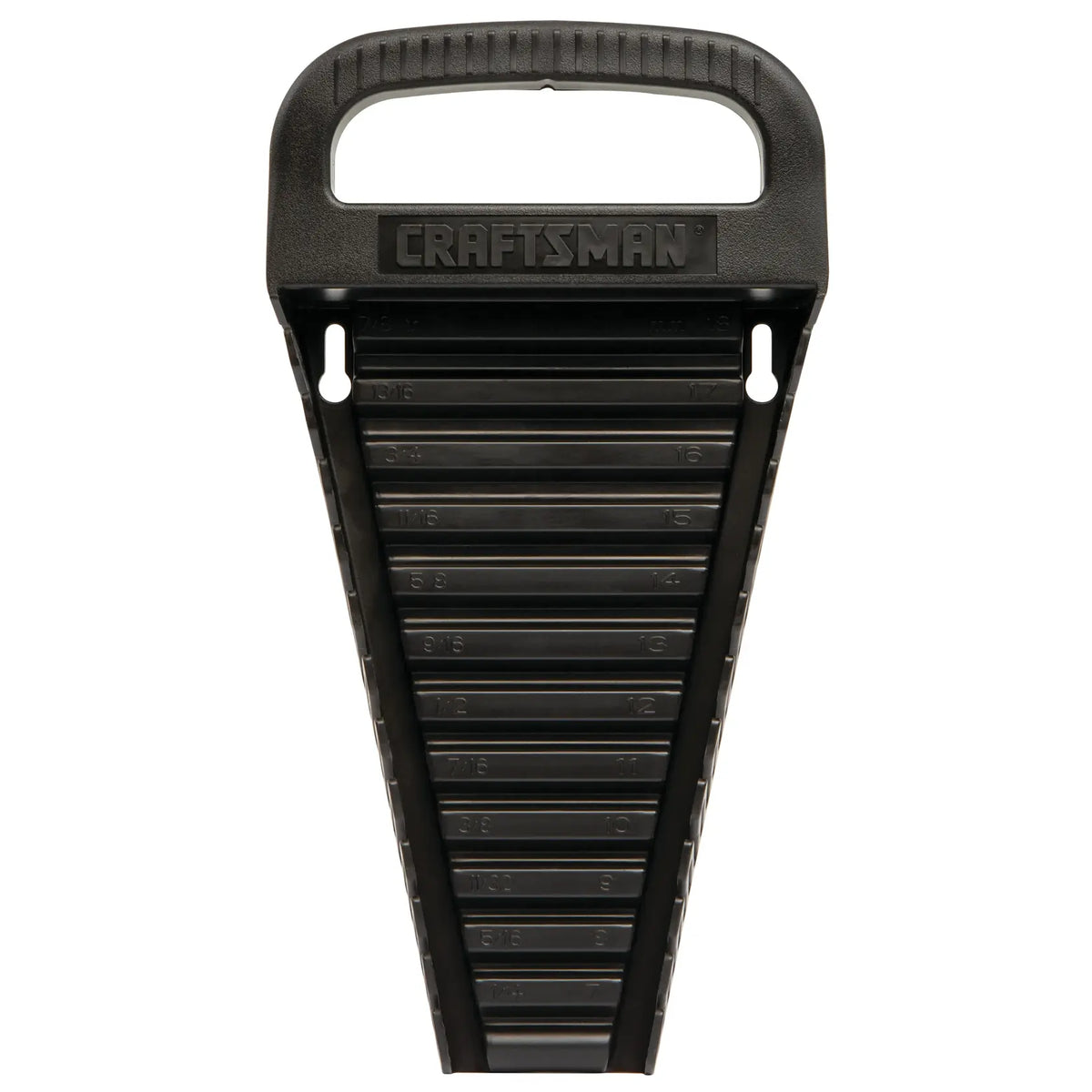 Photo of Craftsman socket organizer tray CMST82970 in black plastic, top-down view with handle and labeled slots.