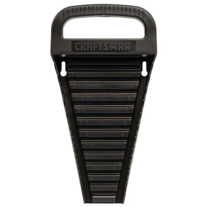 Photo of Craftsman socket organizer tray CMST82970 in black plastic, top-down view with handle and labeled slots.