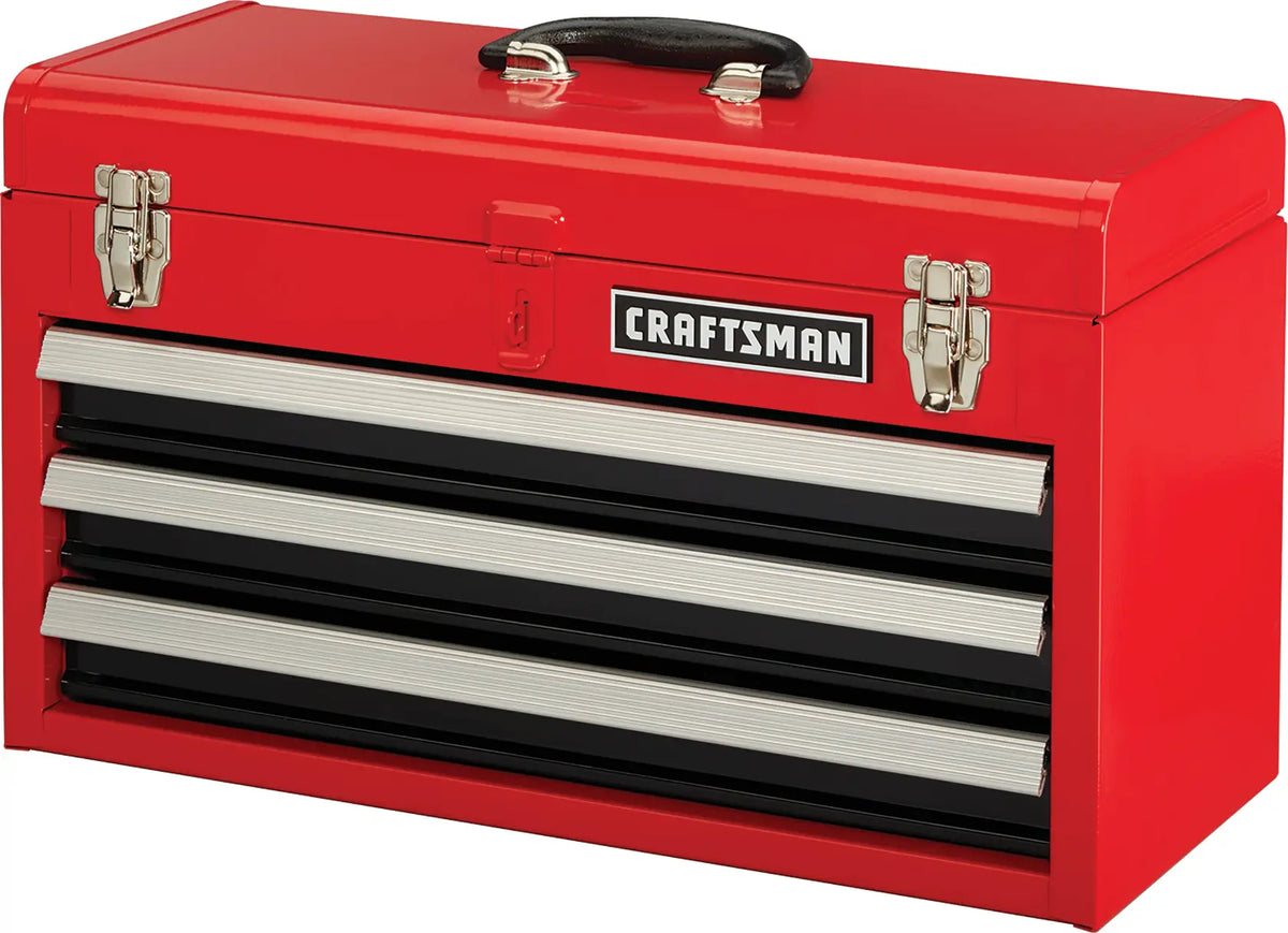 Front angle photo of Craftsman red metal tool chest with three drawers, handle, SKU CMST98245RB.