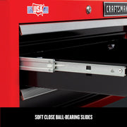 Close-up angled view of Craftsman CMST98246RB red tool chest drawer open, showing soft close ball-bearing slide mechanism.