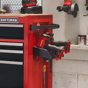 Photo of Craftsman tool chest with mounted drill holder, SKU CMST98257, in a workshop setting.