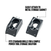Photo of CRAFTSMAN drill holder CMST98257, black plastic, fits standard drills, attaches to metal storage cabinet.