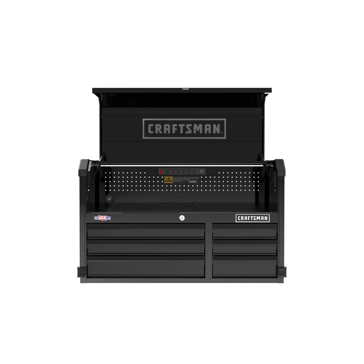 Front angle photo of Craftsman black tool chest with drawers, pegboard, and CMST98259BK label.