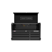 Front angle photo of Craftsman black tool chest with drawers, pegboard, and CMST98259BK label.