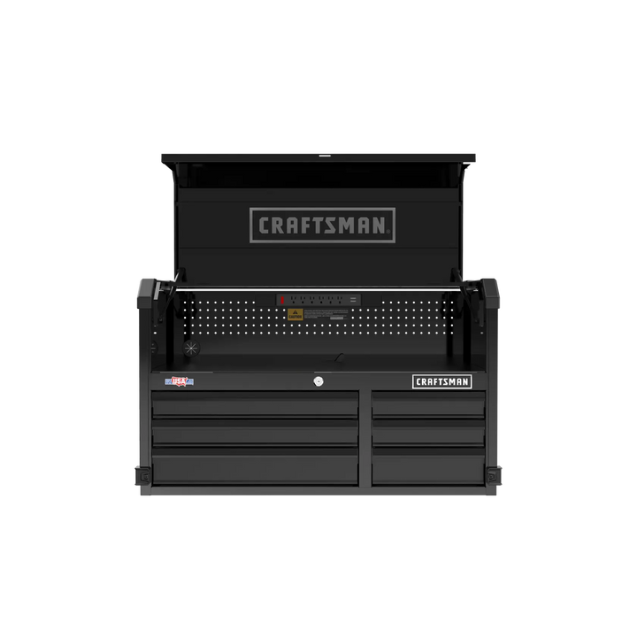 Front angle photo of Craftsman black tool chest with drawers, pegboard, and CMST98259BK label.