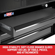 Photo of Craftsman drawer with textured black liner, lock, USA sticker, showing soft-close slide, CMST98259BK.