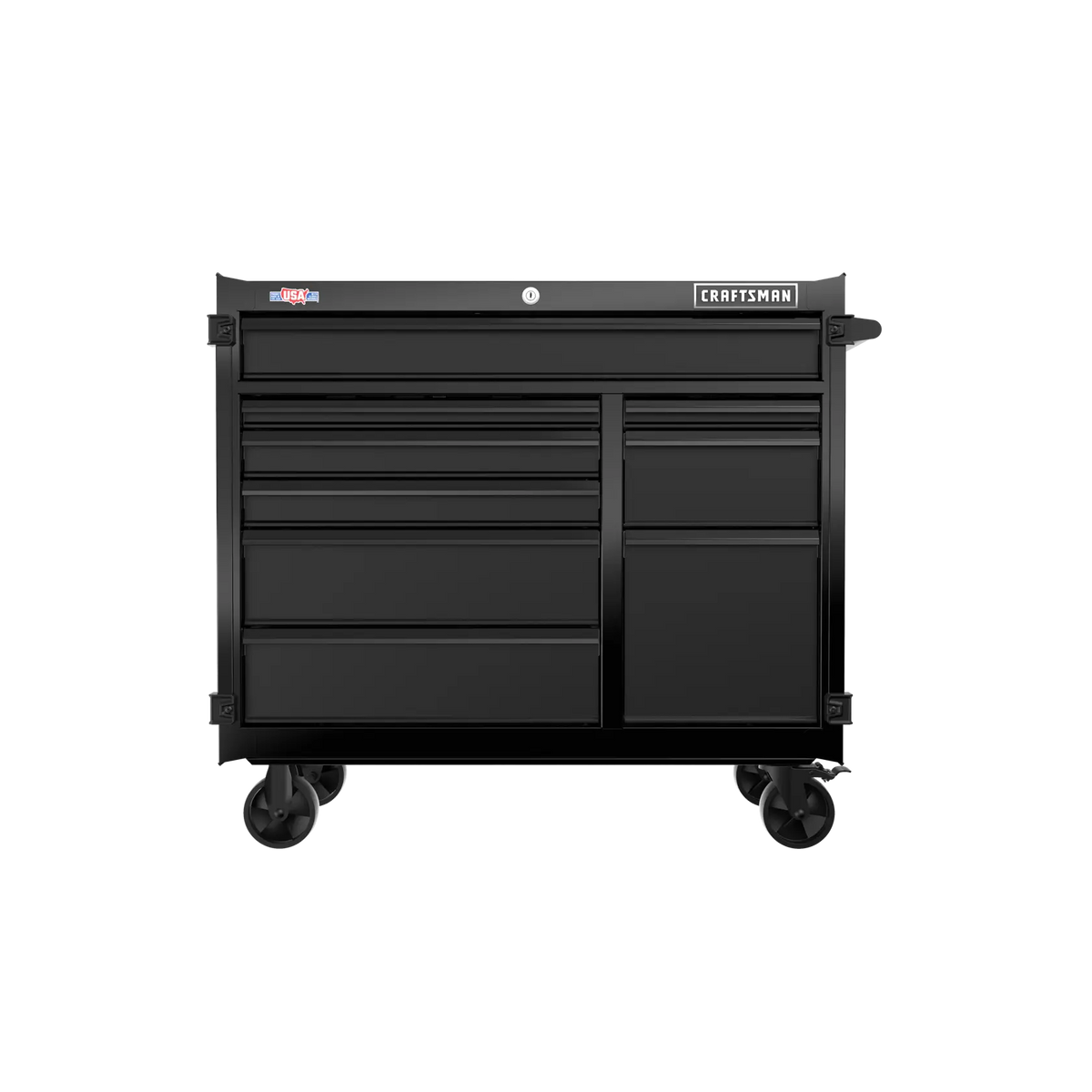 Front angle photo of Craftsman tool chest CMST98260BK, black metal with multiple drawers and wheels.