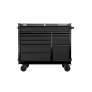 Front angle photo of Craftsman tool chest CMST98260BK, black metal with multiple drawers and wheels.