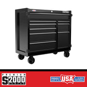Craftsman CMST98260BK black rolling tool chest with multiple drawers, angled front view on white background.