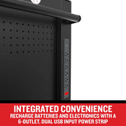 Photo of CRAFTSMAN CMST98260BK graphics showing a close-up of a black tool chest with a 6-outlet power strip and dual USB ports on the side.