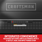 Photo of Craftsman CMST98261BK black tool cabinet power strip with 6 outlets and dual USB inputs on pegboard panel.