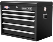 Photo of Craftsman black metal tool chest with five drawers, side handles, SKU CMST98263BK, front angle on white background.