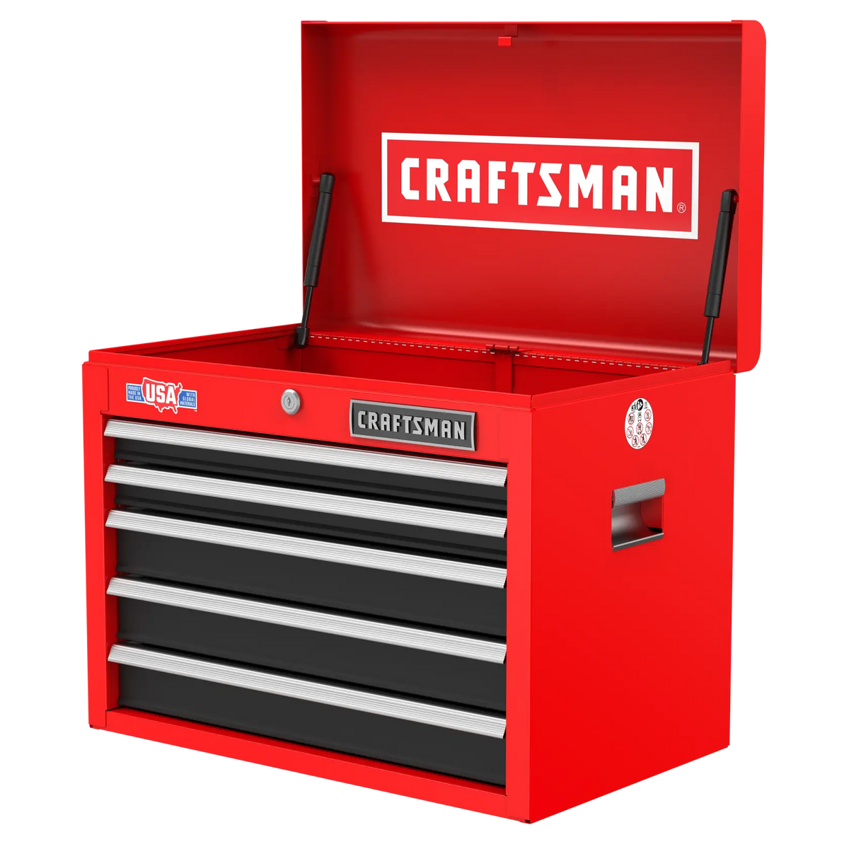Photo of Craftsman tool chest CMST98263RB in red with four black drawers, open lid, angled on white background.