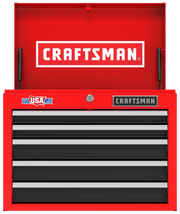 Front angle photo of Craftsman CMST98263RB red tool chest with open lid and four black drawers.