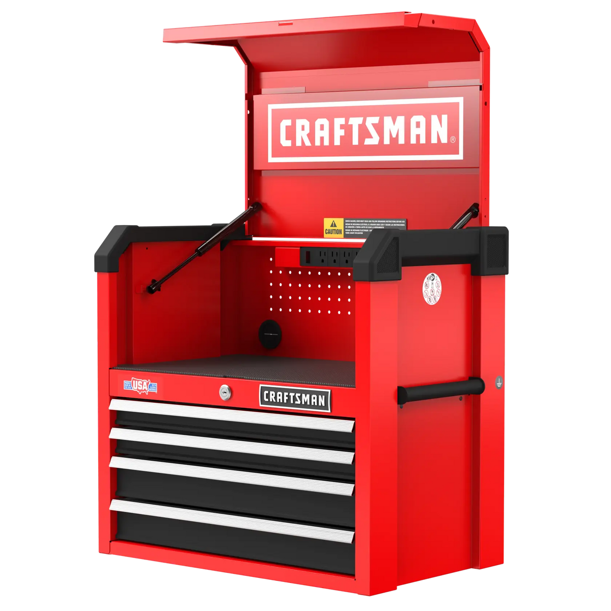Front angle photo of Craftsman tool chest CMST98267RB, red with four drawers and open top lid.