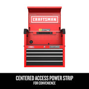 Photo of Craftsman red tool chest CMST98267RB with centered power strip, front view on white background.