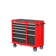 Craftsman CMST98270RB rolling tool chest, red and black, front angle photo, multiple drawers, metal handles.
