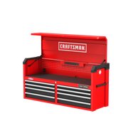 Photo of Craftsman red tool chest CMST98272RB with open lid, six drawers, and pegboard, angled on white background.
