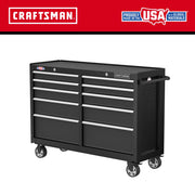Photo of Craftsman black rolling tool chest with seven drawers, side handle, and casters, CMST98273BK, front angle.